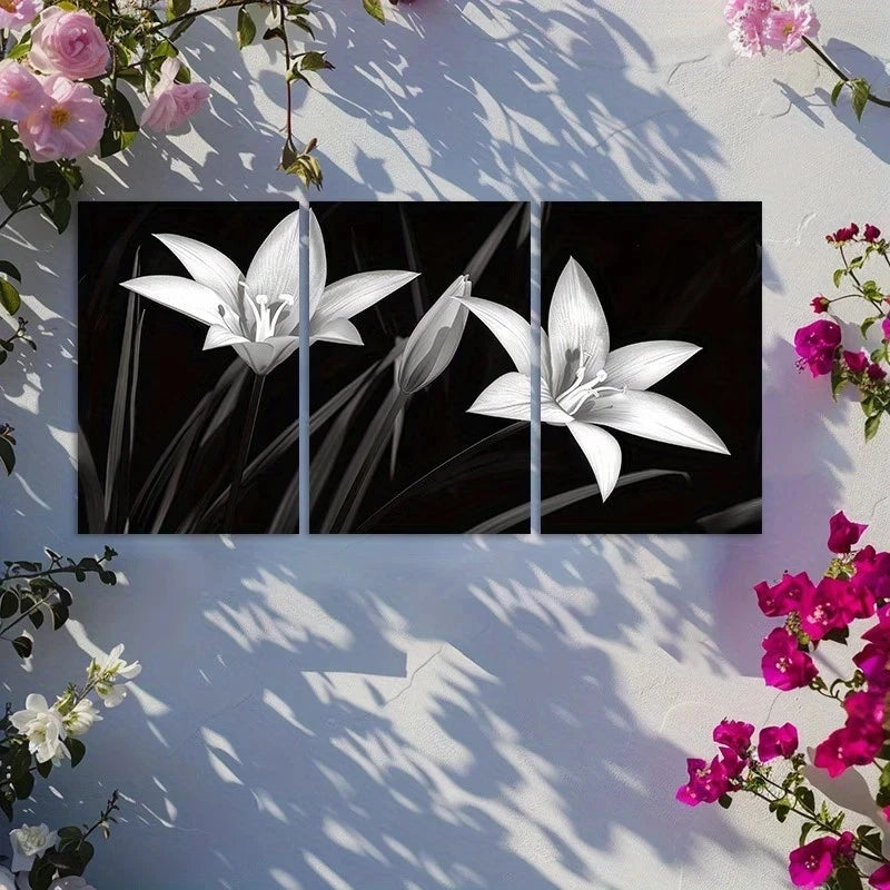 3pcs Night Lilies in Black and White Metal Print Ready to Hang Art