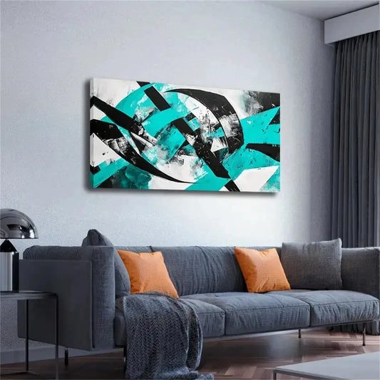 Modern Minimalist Teal Black Wall Art Canvas Office Home Room Framed 120x60cm