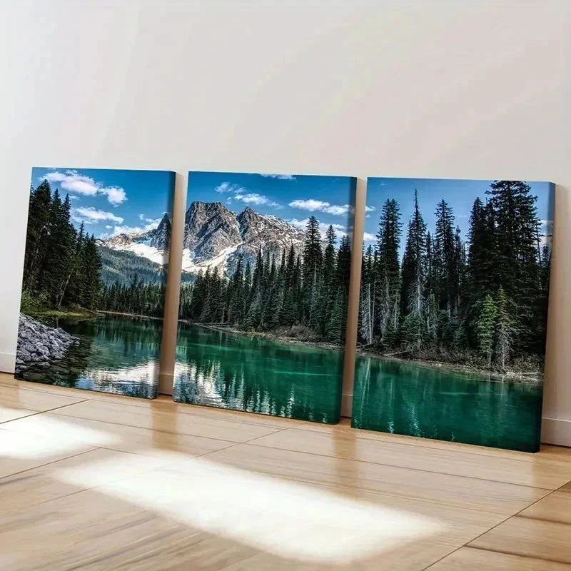 3pcs Mountains Forest River Nature Theme Wall Art Set Canvas Framed 50x70cm - High Quality Print 100% Australian Made Wall Canvas Ready to Hang
