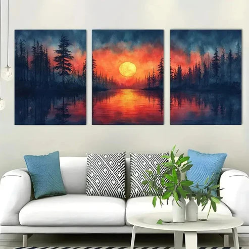 3pcs Vibrant Sunset Lake Sunset Décor Wall Art Set Canvas Unframed - High Quality Print 100% Australian Made Wall Canvas