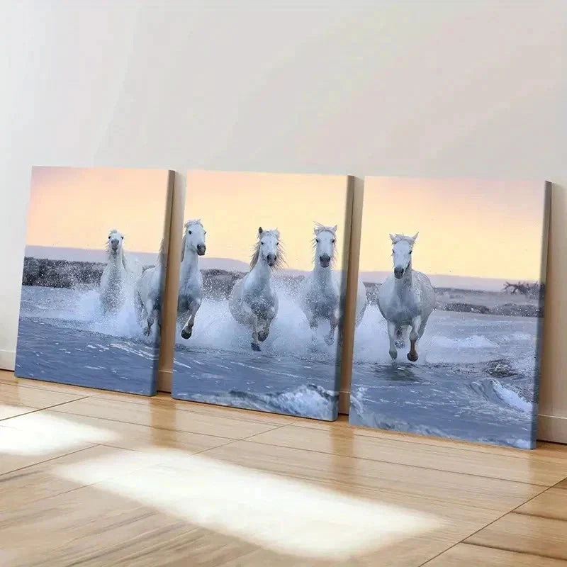 3pcs White Horses Running on the Beach Wall Art Set Canvas Framed 60x90cm - High Quality Print 100% Australian Made Wall Canvas Ready to Hang