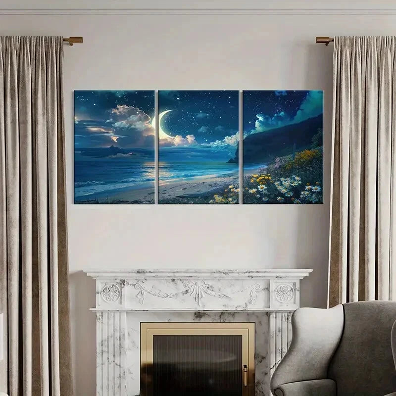 3pcs Fantasy Landscape Seaside Moon Flowers Metal Print Ready to Hang Art - Bella Home Decor