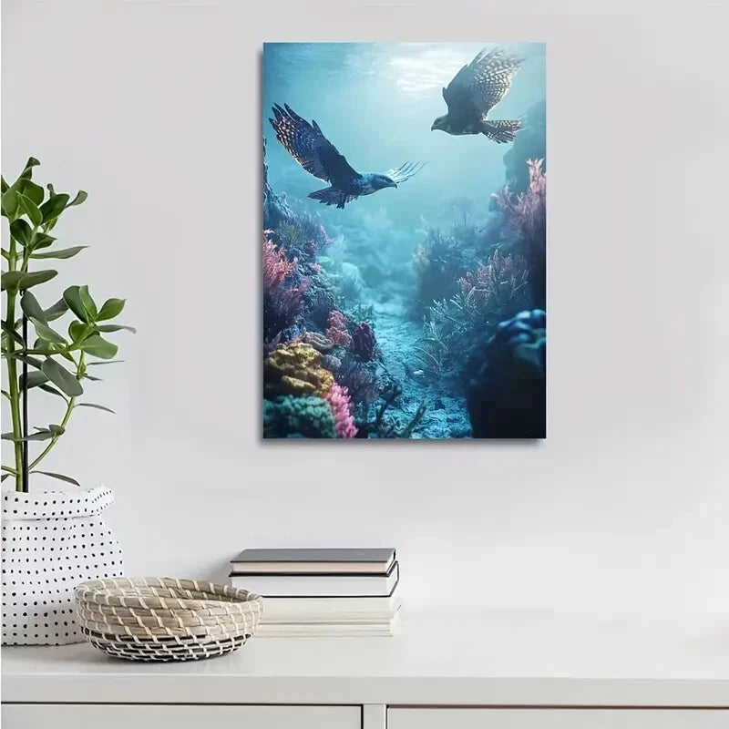 Dreamlike Hawk Chase Scene In Coral Reef Painting 40x60cm Metal Print Ready to Hang - Bella Home Decor