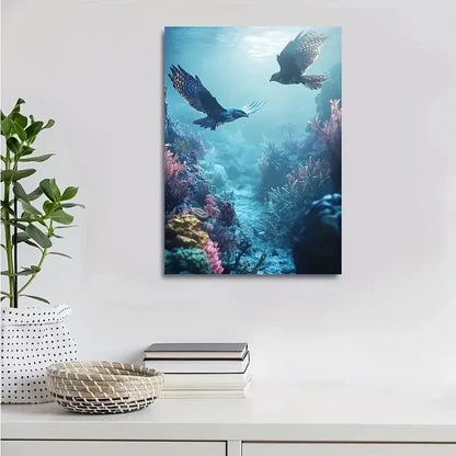 Dreamlike Hawk Chase Scene In Coral Reef Painting 40x60cm Metal Print Ready to Hang - Bella Home Decor