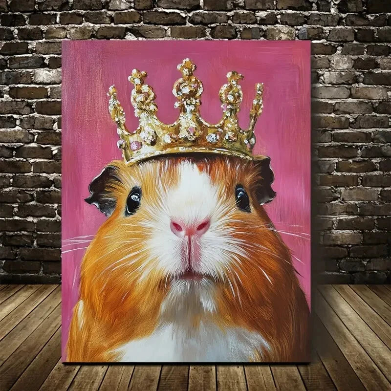 Whimsical Guinea Pig with Crown Fur & Eyes Painting 40x60cm Metal Print Ready to Hang - Bella Home Decor