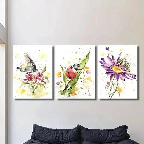 3pcs Flowers & Butterfly Ladybug Bee Wall Art Canvas Unframed – High Quality Print 100% Australian Made Wall Canvas - Bella Home Decor