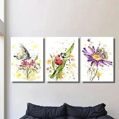 3pcs Flowers & Butterfly Ladybug Bee Wall Art Canvas Unframed – High Quality Print 100% Australian Made Wall Canvas - Bella Home Decor