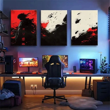 3pcs Samurai Warrior Japanese Dark Red Perfect Wall Art Set Canvas Framed 50x70cm - High Quality Print 100% Australian Made Wall Canvas Ready to Hang
