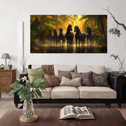 Black Horses In Tropical Forest Wall Art Canvas Office Home Room Framed 120x60cm