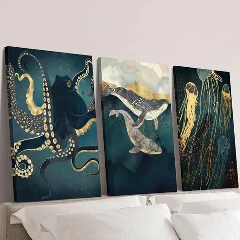 3pcs Abstract Octopus Whale Jellyfish Wall Art Canvas Unframed – High Quality Print 100% Australian Made Wall Canvas - Bella Home Decor