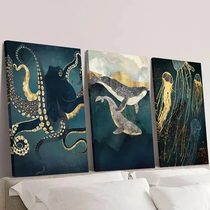 3pcs Abstract Octopus Whale Jellyfish Wall Art Canvas Unframed – High Quality Print 100% Australian Made Wall Canvas - Bella Home Decor