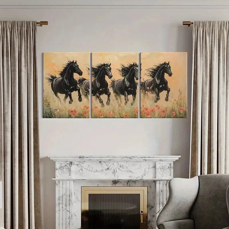3pcs Black Horses Running Floral Field Abstract Metal Print Ready to Hang Art - Bella Home Decor