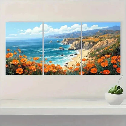 3pcs Big Sur Poppy California Coastal Wall Art Set Canvas Unframed - High Quality Print 100% Australian Made Wall Canvas - Bella Home Decor