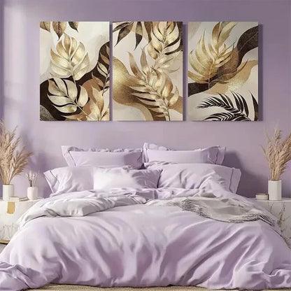 3pcs Golden Leaves with Abstract Patterns Wall Art Set Canvas Unframed - High Quality Print 100% Australian Made Wall Canvas - Bella Home Decor