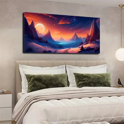 Full Moon and Vibrant Sky Snowy Wall Art Canvas Office Home Room Framed 120x60cm - Bella Home Decor