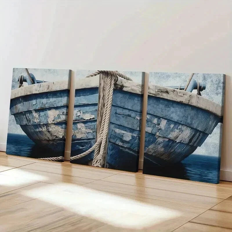 3pcs Blue Wooden Boat & Rope Design Wall Art Set Canvas Framed 60x90cm - High Quality Print 100% Australian Made Wall Canvas Ready to Hang - Bella Home Decor