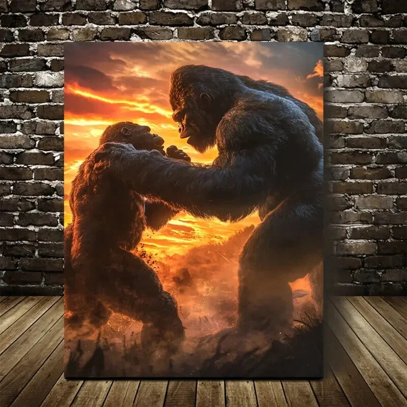 Gorilla Wrestling Scene Under Glowing Painting 40x60cm Metal Print Ready to Hang - Bella Home Decor