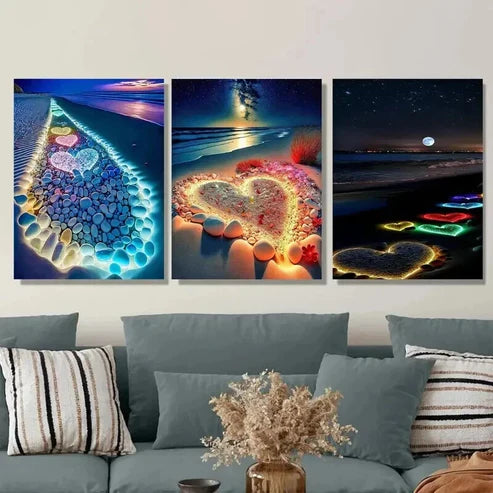 3pcs Vibrant Night Sky and Heart Stunning Wall Art Set Canvas Unframed - High Quality Print 100% Australian Made Wall Canvas