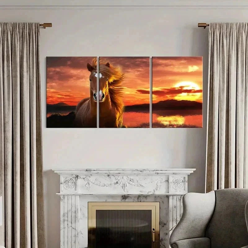 3pcs Vintage Hairy Horse at Sunset Wall Art Set Canvas Framed 60x90cm - High Quality Print 100% Australian Made Wall Canvas Ready to Hang