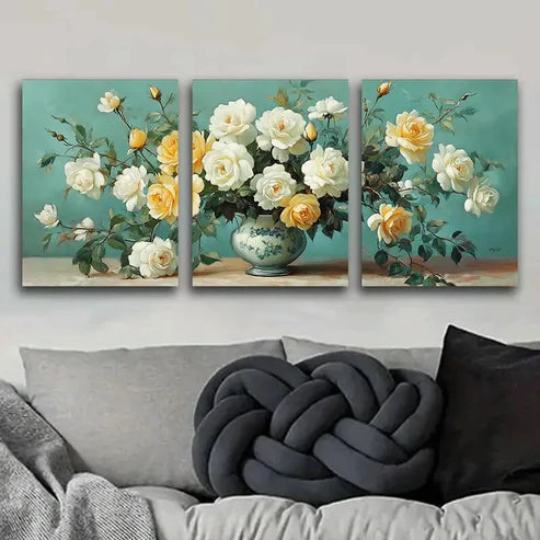 3pcs White Roses in Vase Painting Floral Color Wall Art Set Canvas Unframed - High Quality Print 100% Australian Made Wall Canvas