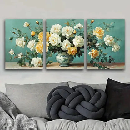 3pcs White Roses in Vase Painting Floral Color Wall Art Set Canvas Unframed - High Quality Print 100% Australian Made Wall Canvas