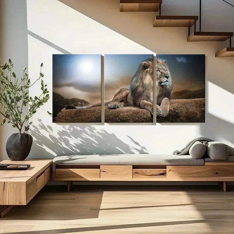 3pcs Animal Art Lion on the Ground Vintage Wall Art Set Canvas Framed 40x60cm - High Quality Print 100% Australian Made Wall Canvas Ready to Hang - Bella Home Decor