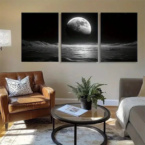 3pcs Black and White Moonlit Ocean Calm Wall Art Canvas Unframed - High Quality Print 100% Australian Made Wall Canvas - Bella Home Decor