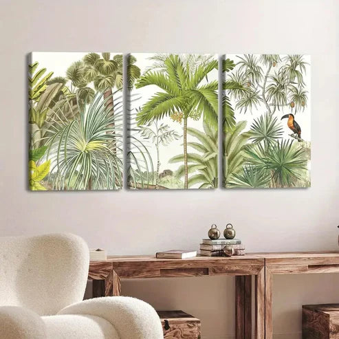 3pcs Vibrant Palm Trees Birds Green Nature White Wall Art Set Canvas Unframed - High Quality Print 100% Australian Made Wall Canvas