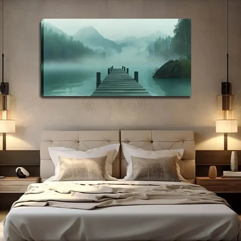Serene Lake Scene Misty Wall Art Canvas Office Home Room Framed 120x60cm - Bella Home Decor