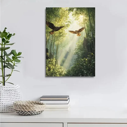 Hawk Scene In Bamboo Grove Sunbeams Shining Painting 40x60cm Metal Print Ready to Hang - Bella Home Decor
