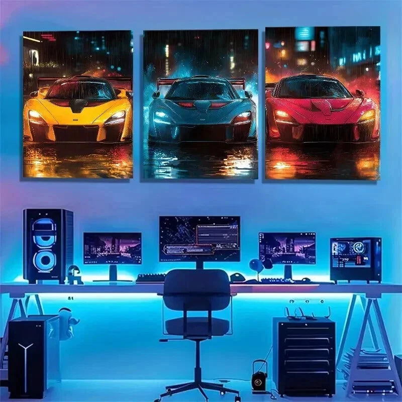 3pcs Vibrant Sports Neon Night Racing Perfect Wall Art Set Canvas Framed 60x90cm - High Quality Print 100% Australian Made Wall Canvas Ready to Hang - Bella Home Decor