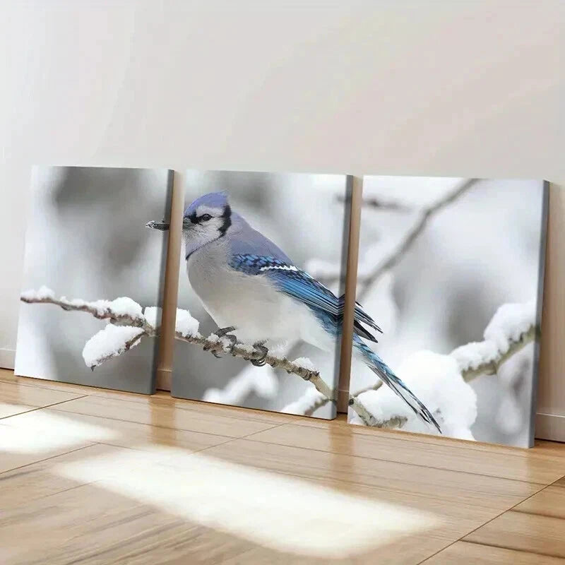 3pcs Blue Bird On A Branch Snowy Scene Wall Art Set Canvas Framed 40x60cm - High Quality Print 100% Australian Made Wall Canvas Ready to Hang - Bella Home Decor