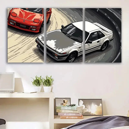 3pcs Vintage Cars in Action, Retro Wall Art Set Canvas Framed 50x70cm - High Quality Print 100% Australian Made Wall Canvas Ready to Hang