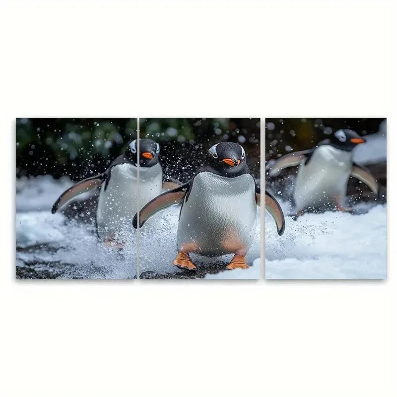 3pcs Gentoo Penguins Playing in Antarctica e    Wall Art Set Canvas Framed 60x90cm - High Quality Print 100% Australian Made Wall Canvas Ready to Hang - Bella Home Decor