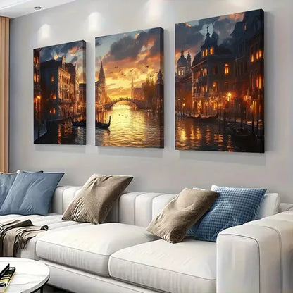 3pcs Venice Canals at Sunset Triptych Wall Art Set Wall Art Canvas Unframed - High Quality Print 100% Australian Made Wall Canvas