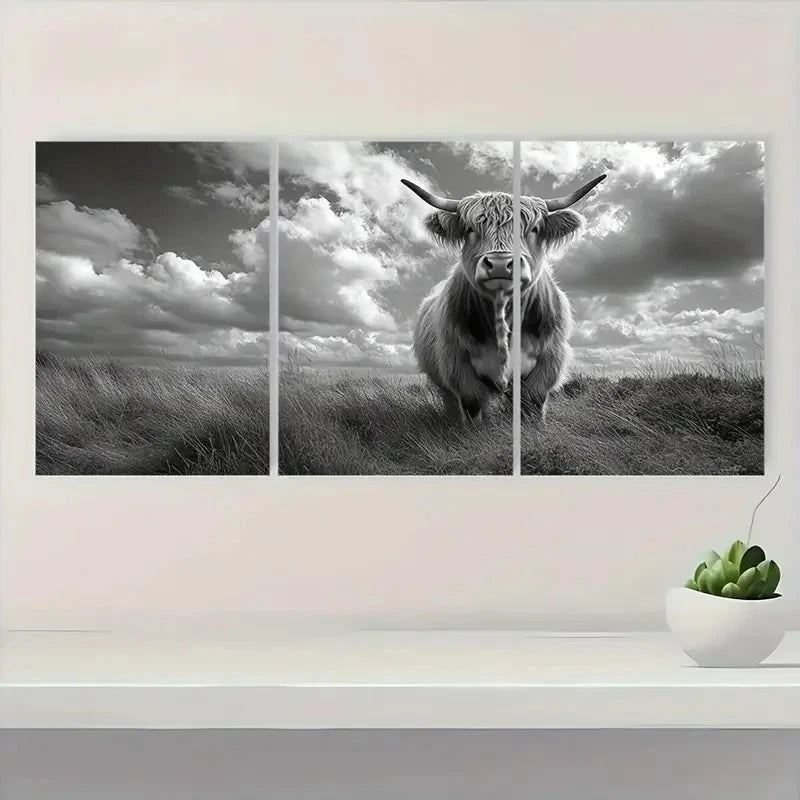 3pcs Black & White Rustic Cow  DE  Wall Art Set Canvas Framed 60x90cm - High Quality Print 100% Australian Made Wall Canvas Ready to Hang - Bella Home Decor
