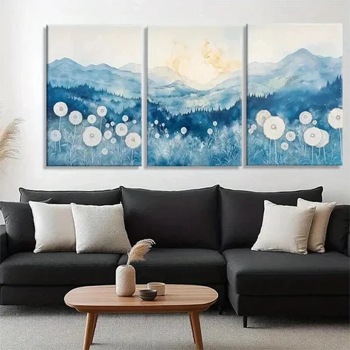 3pcs Blue White Mountain and Dandelion Field Wall Art Set Canvas Unframed - High Quality Print 100% Australian Made Wall Canvas
