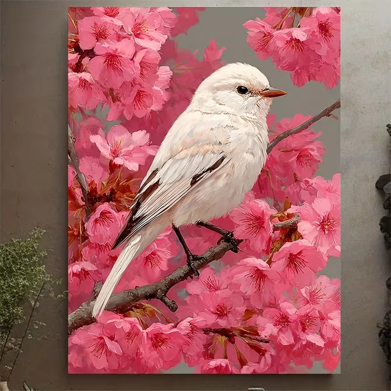 Elegant White Bird on Pink Cherry Blossoms Metal Print Ready to Hang