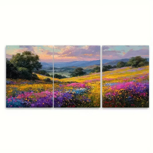 3pcs Wildflowers Meadow at Sunset Wall Art Set Canvas Framed 40x60cm - High Quality Print 100% Australian Made Wall Canvas Ready to Hang