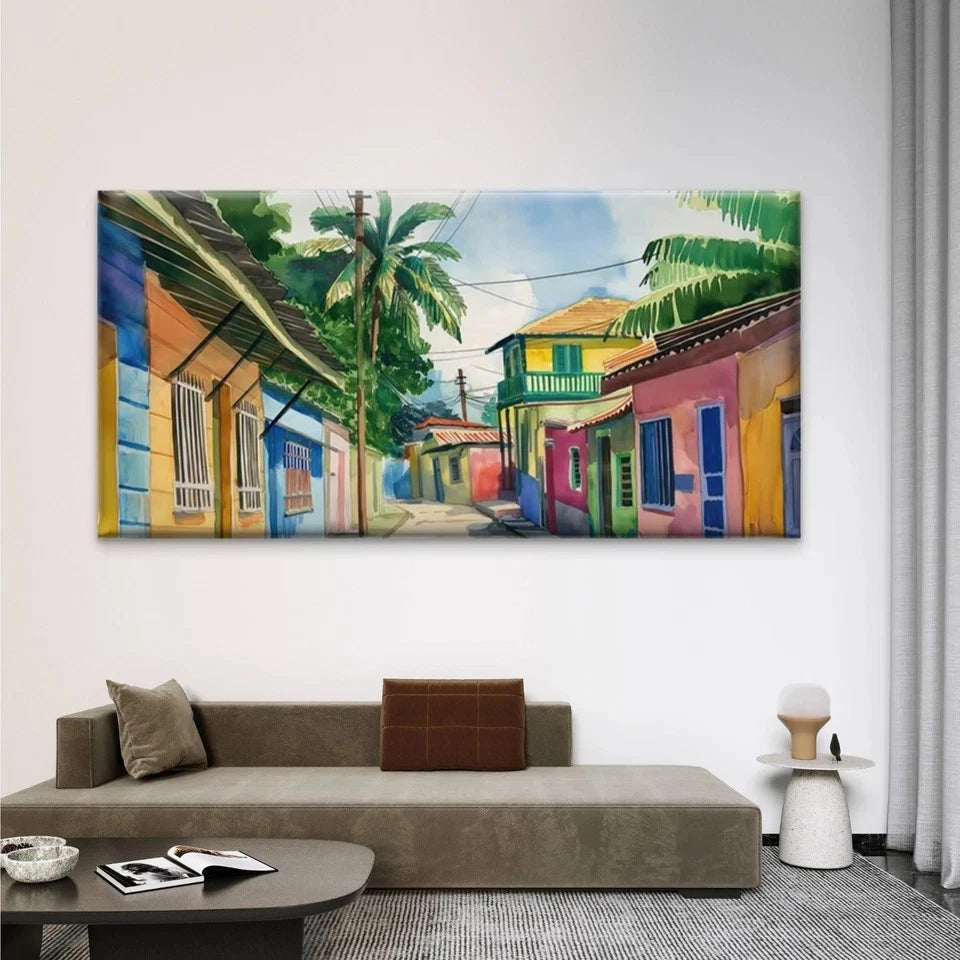 Caribbean-Style Tropical Street Wall Art Canvas Office Home Room Framed 120x60cm