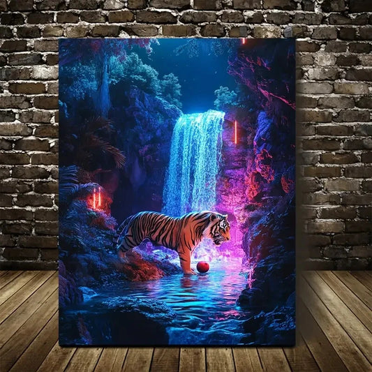 Dreamlike Tiger Scene with Neon Glow Painting 40x60cm Metal Print Ready to Hang - Bella Home Decor