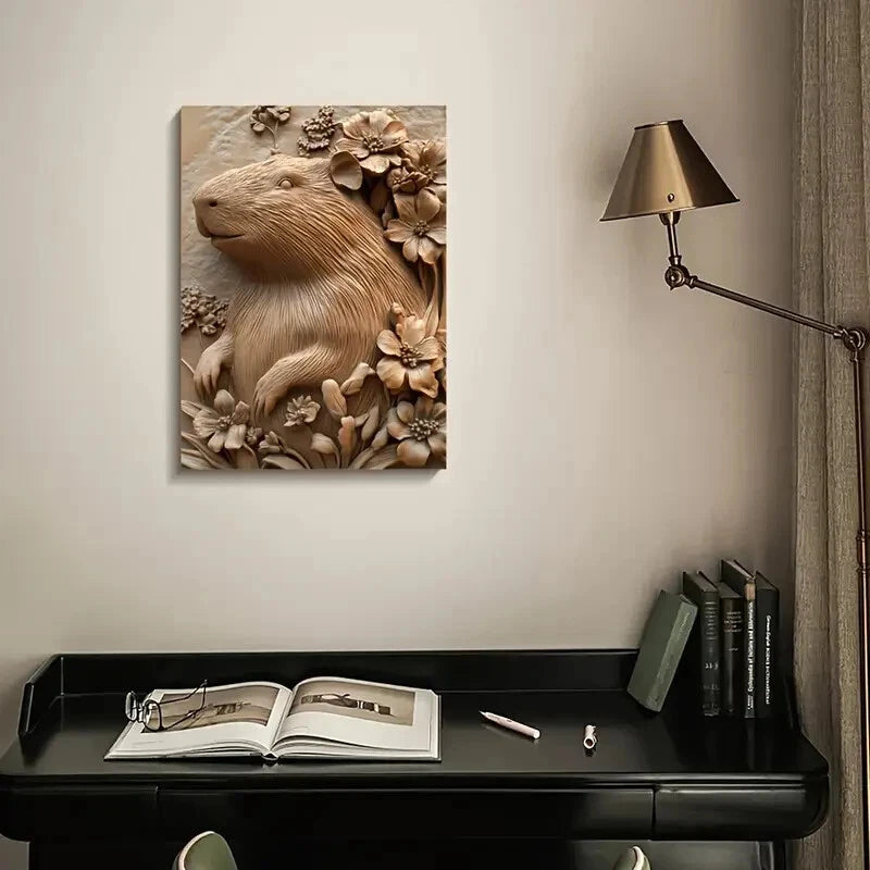 Serene Capybara Surrounded by Heart Painting  40x60cm Metal Print Ready to Hang - Bella Home Decor