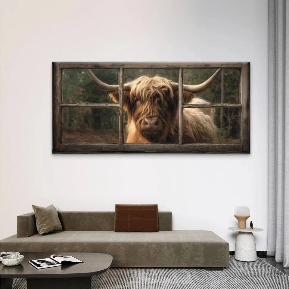 Highland Cow Scottish Cow Wall Art Canvas Office Home Room Framed 120x60cm