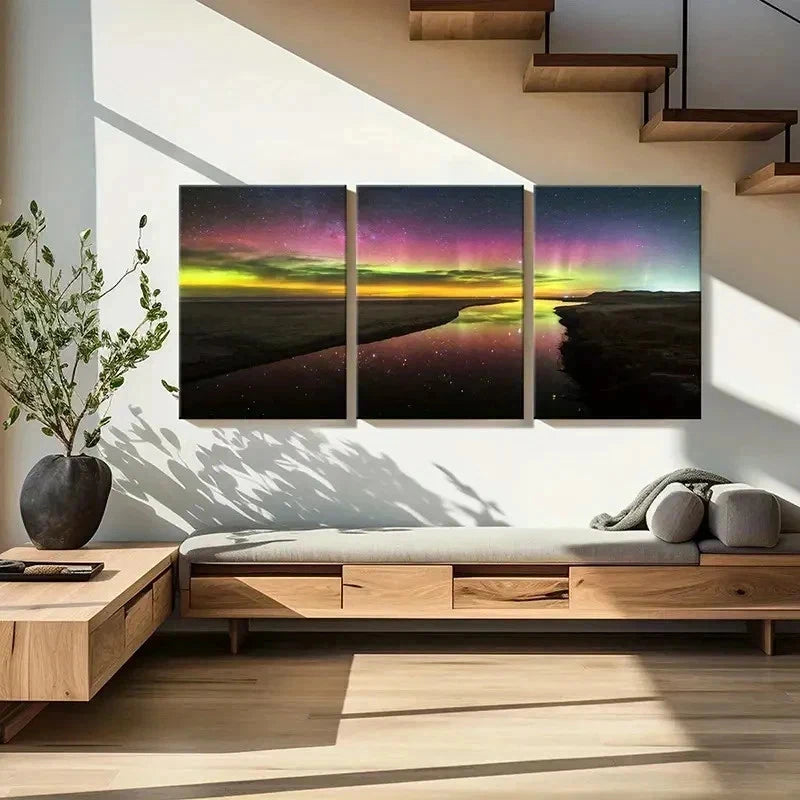 3pcs Natural Landscape Aurora Starry Sky Lake Wall Art Set Canvas Framed 50x70cm - High Quality Print 100% Australian Made Wall Canvas Ready to Hang