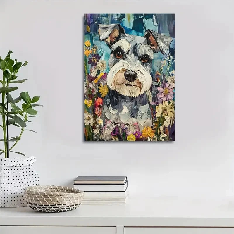 Flowers And Plants Cute Schnauzer Dog Painting 40x60cm Metal Print Ready to Hang - Bella Home Decor