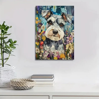 Flowers And Plants Cute Schnauzer Dog Painting 40x60cm Metal Print Ready to Hang - Bella Home Decor