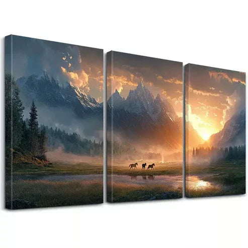 3pcs Aesthetic Running Horses and Sunset Art Set Canvas Unframed - High Quality Print 100% Australian Made Wall Canvas