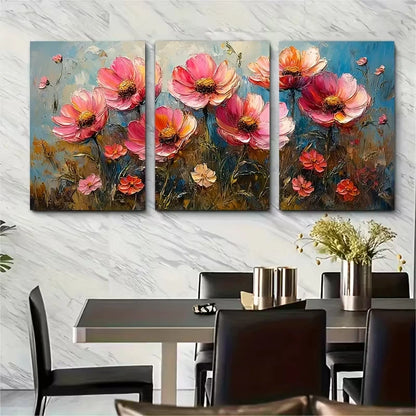 3pcs Pink Daisies Painting Flowers Metal Print Ready to Hang Art