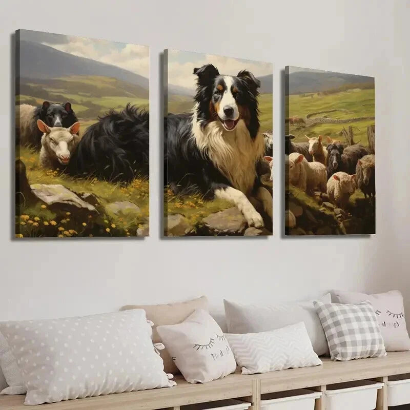 3pcs Sheepdog & Sheep Meadow Scene Perfect Wall Art Set Canvas Framed 60x90cm - High Quality Print 100% Australian Made Wall Canvas Ready to Hang - Bella Home Decor