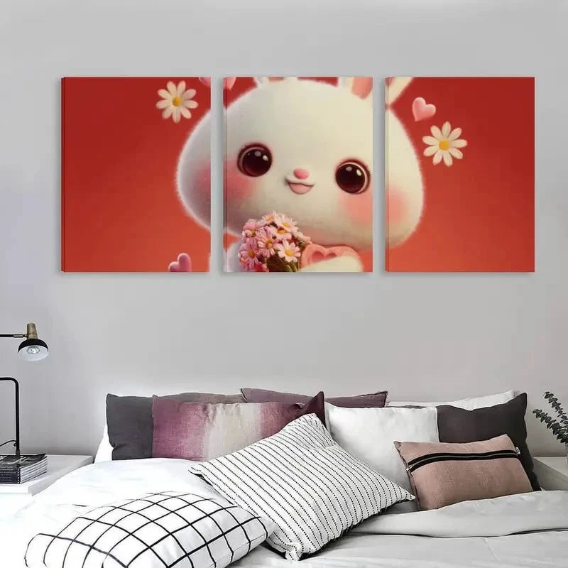 3pcs Cute Cartoon Bunny Holding Flowers   Wall Art Set Canvas Framed 60x90cm - High Quality Print 100% Australian Made Wall Canvas Ready to Hang - Bella Home Decor